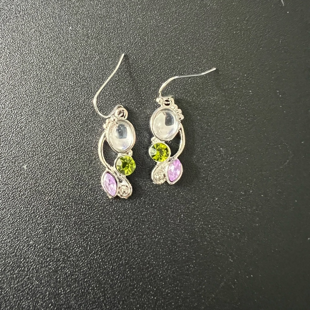 NWT Silver Toned Contemporary Design Earrings w/ Multicolored Rhinestones